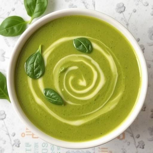 A bowl of creamy avocado and spinach soup with a swirl of olive oil