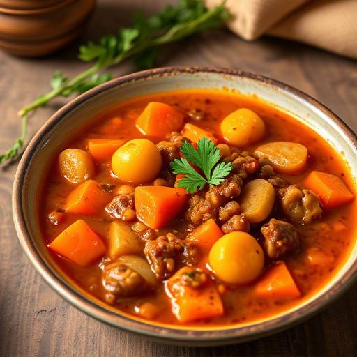 A bowl of lentil stew with carrots and celery on a wooden table, garnished with parsley.