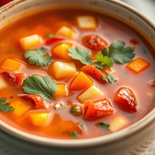 A close-up of a person enjoying a bowl of colorful, healthy soup.