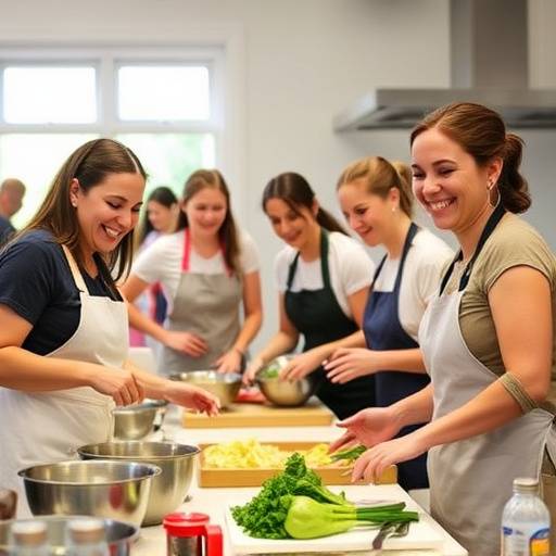 A group of people participating in a cooking class, all smiling and engaged.