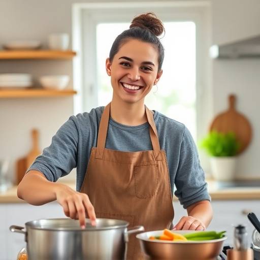 A person smiling while preparing a healthy meal, representing improved mood and well-being.