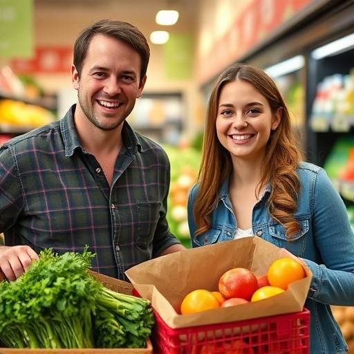 John and Emily Carter smiling while grocery shopping for healthy ingredients.