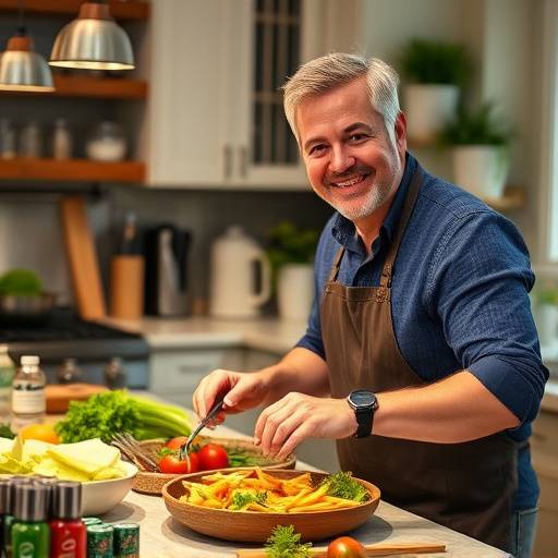 Smiling David Lee preparing a healthy meal in his kitchen.